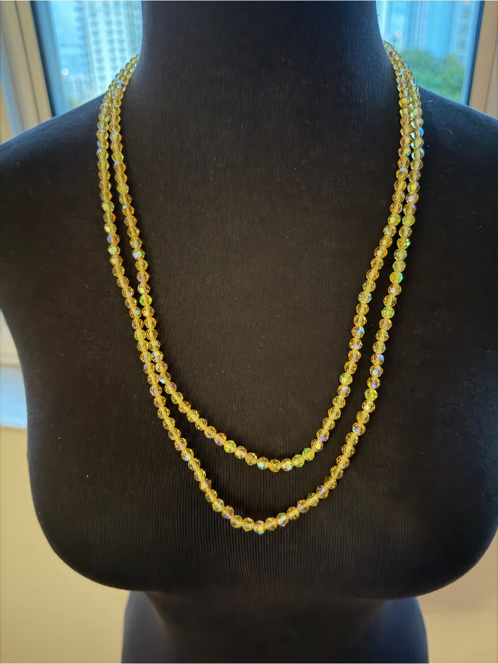 Vintage 50” yellow iridescent crystal necklace